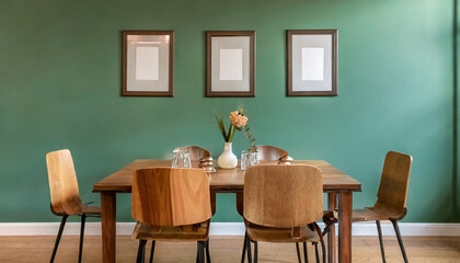 Fototapeta premium Wooden dining table and chairs against green wall with frames. Scandinavian, mid-century interior design of modern dining room.