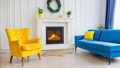 Loft home interior design of modern living room. Vibrant yellow sofa and blue lounge chair by fireplace in concrete tile wall with shelves.