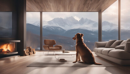 Cozy Winter Retreat: Woman, Dog, and Snowy Mountain View