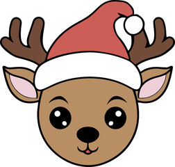 Cute Reindeer face in Santa hat, Baby reindeer, Christmas reindeer in hat