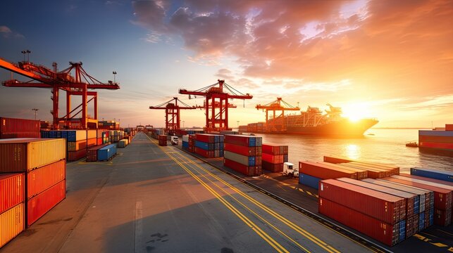 Container Cargo freight ship with working crane bridge at sunset for Logistic Import Export