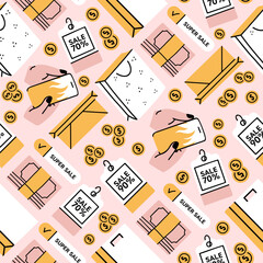 Shopping bags, lettering, stickers, seamless pattern