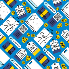 Shopping bags, lettering, stickers, seamless pattern