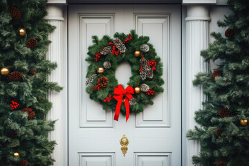 Beautiful Christmas wreath hanging on entrance door. Elegant Christmas wreath on white wooden door in snowy day