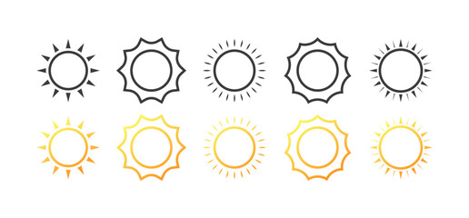 Sun icons. Different styles, yellow, different sun icons, sun set. Vector icons
