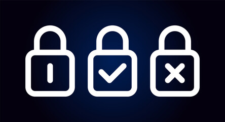 Lock icons. Flat, white, isolated keyholes, tick and cross inside the padlock. Vector icons