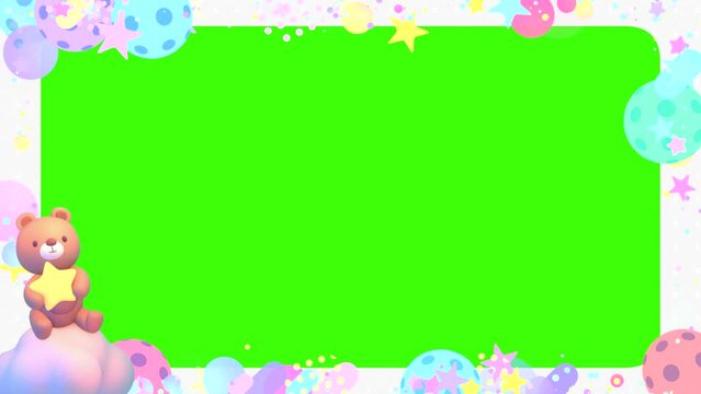 Looped cartoon baby bear holding a star sitting on a cloud and various geometric shapes frame on green screen background animation.