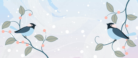 Watercolor winter art background. Watercolor natural winter botanical leaf branch with birds and snowfall. Design for print, decoration, poster, wallpaper, banner.