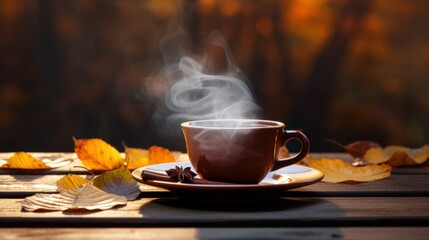 Naklejka na ściany i meble Cup of drink tea or coffee with steam on the window sill. Homemade Drinks That Make You Feel Warm and Cozy. Winter autumn cold season.