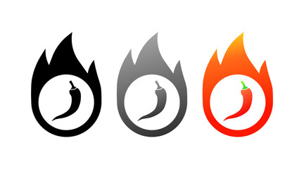 Fire icons with hot pepper. Different styles, hot pepper inside fire, fire icons with hot pepper. Vector icons