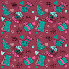 Doodles pattern for Christmas and New Year: snowflake, gift box and package, stocking for gifts, christmas tree. Colorful vector hand-drawn illustration made in blue and pink colors on red background