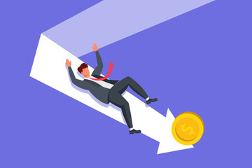 Dollar currency price falling down with Businessman Falling down arrow direction on a purple background. Vector illustration