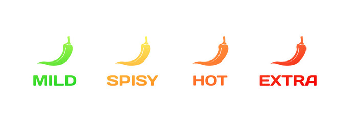 Mild, spicy, hot, extra icons. Flat, color, pepper icons, mild, spicy, hot, extra pepper. Vector icons