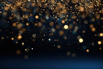 Abstract gold bokeh and shimmer on dark blue background.