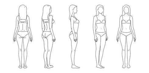 Woman body. Full-length standing portrait. Set of body-positive female. Five angles figure front, 3 of 4, side views shape. Vector fashion silhouette outline line illustration