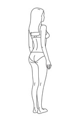 Woman body. Full-length standing portrait. Body-positive female. Front, 3 of 4, side views shape figure. Vector fashion silhouette outline line illustration