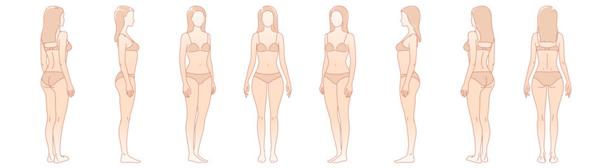 Woman body. Full-length standing portrait. Set of body-positive female. Five angles figure front, 3 of 4, side views shape. Vector fashion silhouette outline line illustration - obrazy, fototapety, plakaty