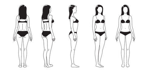 Woman body. Full-length standing portrait. Set of body-positive female. Five angles figure front, 3 of 4, side views shape. Vector fashion silhouette outline line illustration - obrazy, fototapety, plakaty
