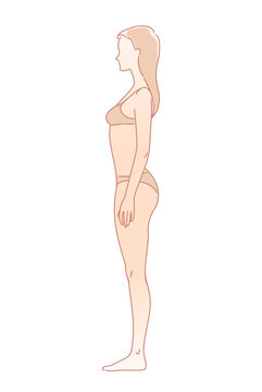 Woman body. Full-length standing portrait. Body-positive female. Front, 3 of 4, side views shape figure. Vector fashion silhouette outline line illustration