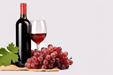 Glass of red wine, bottle and grapes on white background with copy space