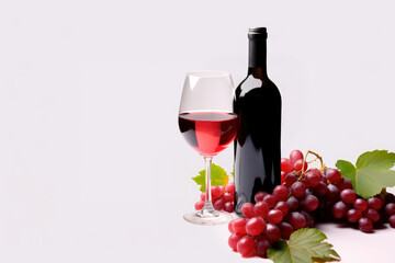 Fototapeta premium Glass of red wine, bottle and grapes on white background with copy space