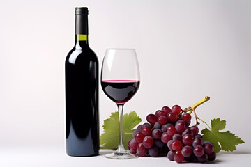 Glass of red wine, bottle and grapes on white background