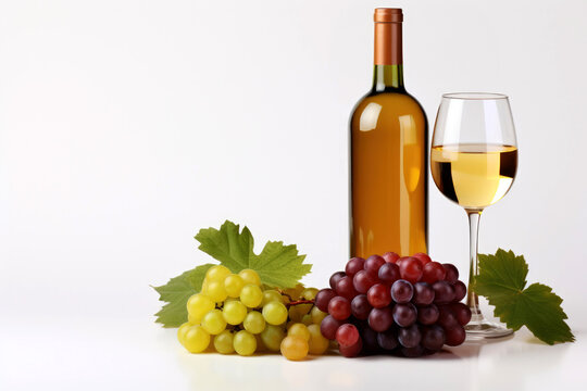 Glass of  white wine, bottle and grapes on plain background with copy space