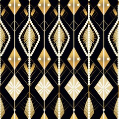 art deco, symmetrical, Diamond, seamless repeatable pattern, minimalist, Chevron stripes with opulent beaded details at the black background