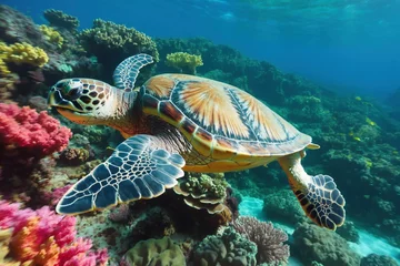 Poster green sea turtle swimming. Sea turtle swimming in the ocean coral reef. Underwater world. © choi