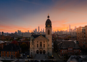Chicago skyline with church aerial view