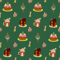 Christmas and Happy New Year seamless pattern with Christmas toys, gifts and sweets. Trendy retro style. 