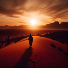 Fototapeta na wymiar Jesus walking away in the desert