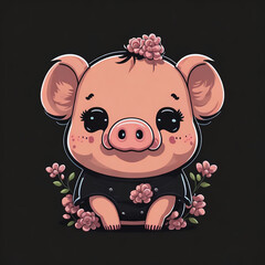 Cute vector kawaii anime pig emo on black background