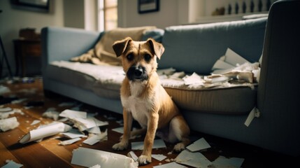 The nasty dog ​​chewed up the furniture and decor in the house. Naughty dog ​​in the apartment. Raising an animal with a problematic character - obrazy, fototapety, plakaty