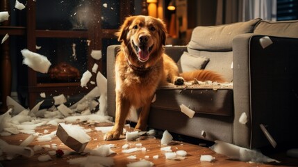 The nasty dog ​​chewed up the furniture and decor in the house. Naughty dog ​​in the apartment. Raising an animal with a problematic character - obrazy, fototapety, plakaty