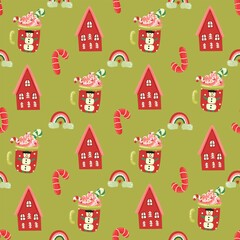 Christmas and Happy New Year seamless pattern with Christmas toys, gifts and sweets. Trendy retro style. 