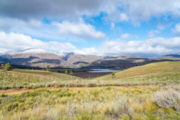 agricultural landscape with mountains and lake in Winter in Ceres, Western Cape, South Africa 