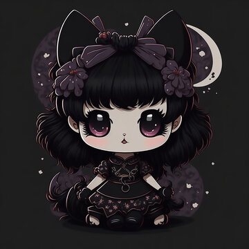  Cute vector kawaii anime kuromi on black background