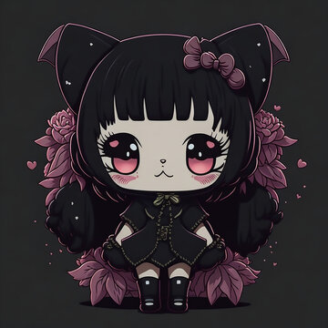  Cute vector kawaii anime kuromi on black background