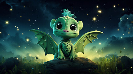 Obraz premium 3d illustration of a cute green dragon in the starry space Fantasy. Cute cartoon style