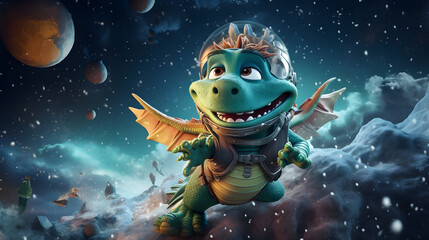 Fototapeta premium Cute cartoon style; The outer space sky is dotted with planets and stars, a huge green dragon flies at high speed across the sky