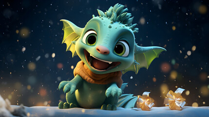 Fototapeta premium 3d illustration of a cute green dragon in the starry space Fantasy. Cute cartoon style