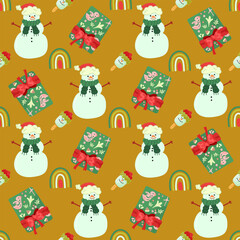 Christmas and Happy New Year seamless pattern with Christmas toys, gifts and sweets. Trendy retro style. 