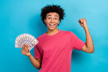 Photo of overjoyed positive wealthy man wear pink trendy clothes celebrate win lottery million...