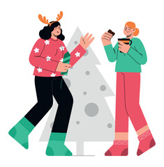 Two women celebrating Christmas with tea, cookies and firework. Flat vector minimalist illustration for winter holidays