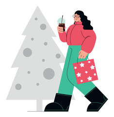 Walking woman makes gift shopping for Christmas with bag and drink. Flat vector minimalist illustration for winter holidays