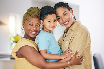 LGBT, child hug or portrait of happy family, non binary mama or transgender mom bonding, smile and...