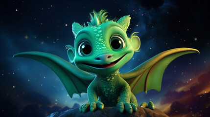 Obraz premium Cute cartoon style; The outer space sky is dotted with planets and stars, a huge green dragon flies at high speed across the sky Funny green dragon in the snow. 3D illustration. Fantasy. 