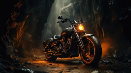Afwasbaar fotobehang A Vintage Indian Bullet Bike in a Cave A Timeless and Historical Photography © Graphics.Parasite