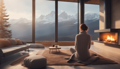 Solitude in Nature: Woman by the Fireplace with Snowy Mountain View